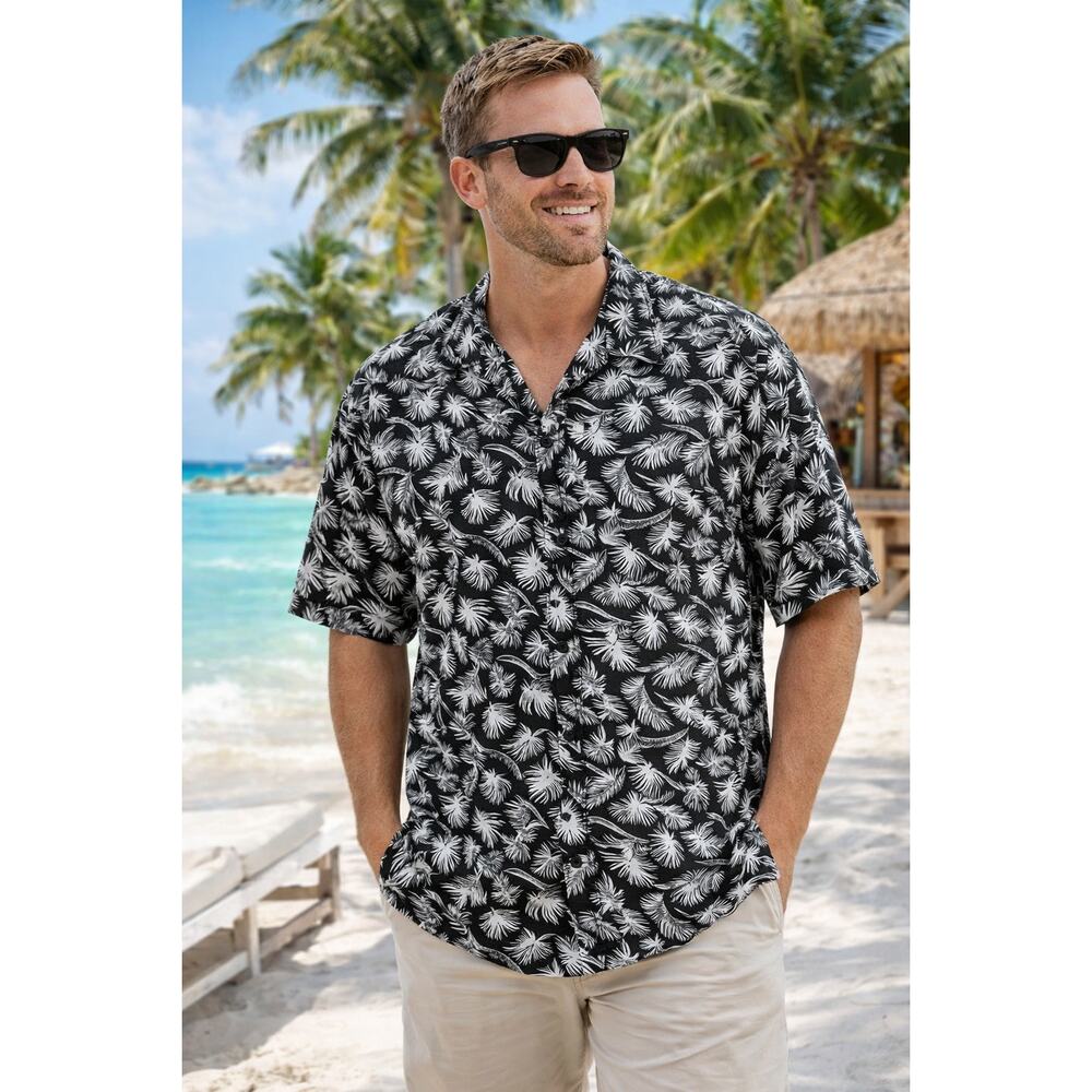 BC Collection Men’s 3XL Black White Tropical Palm Leaf Hawaiian Shirt Button Up